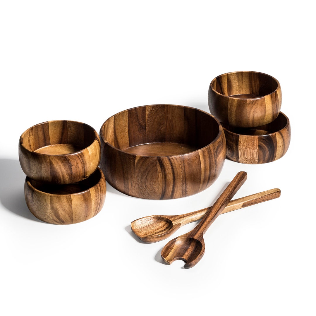 Acacia Wood 7-Piece Salad Bowl Set – Large Serving Bowl, Servers & 4 Individual Bowls