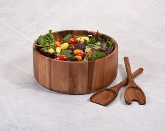 Natural Acacia Wood Salad Bowl Set with Servers – Extra Large 12" Wide Wooden Bowl for Entertaining