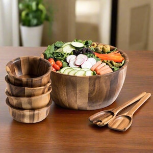 Wood Salad Bowl with Servers and Individual Bowls - 7 Piece Set