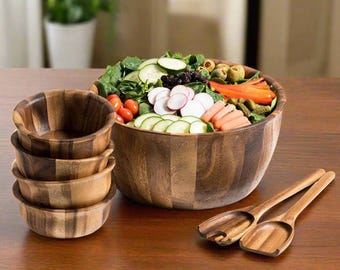 Wood Salad Bowl With Servers and Individual Bowls Piece Set