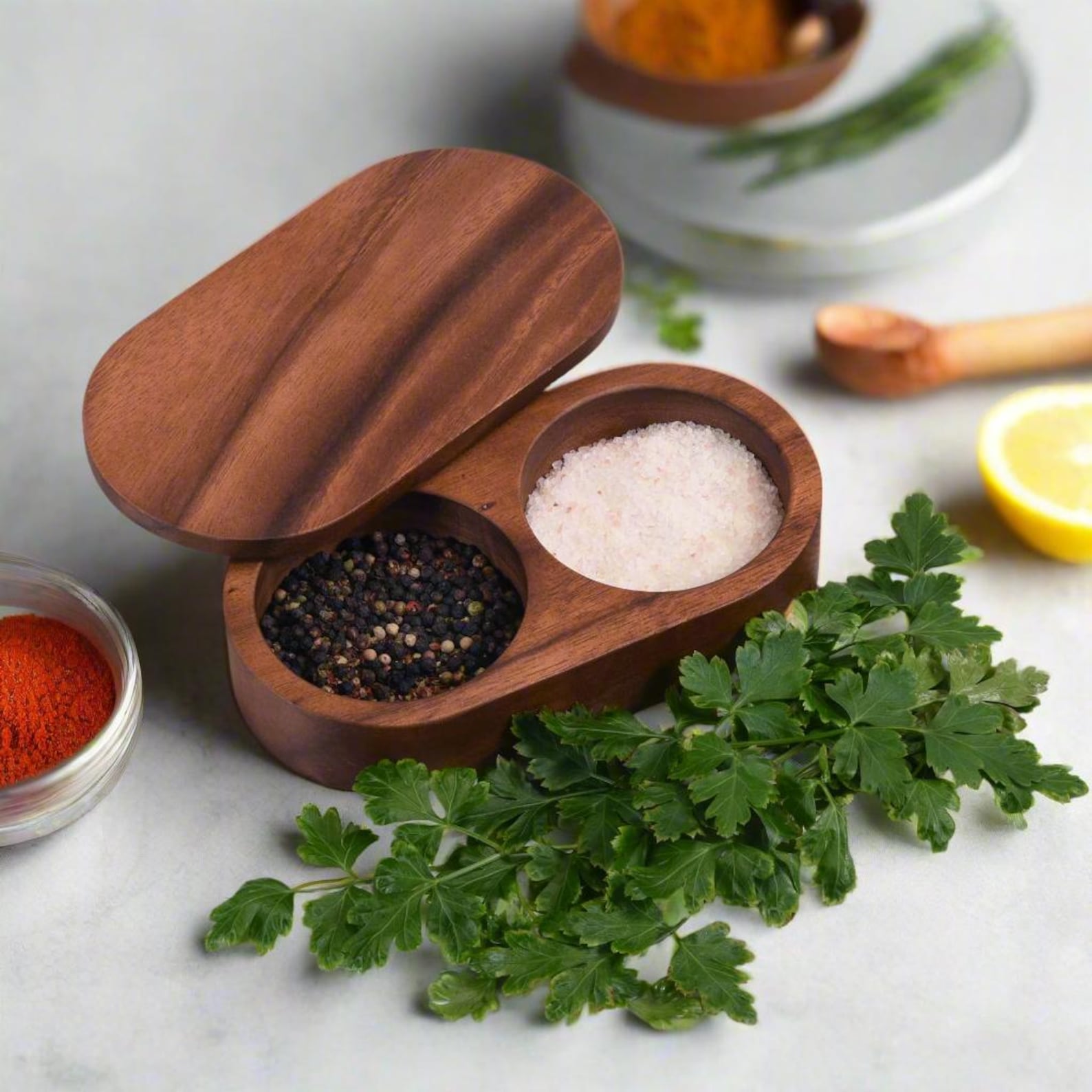 Kalmar Home Acacia Wood Salt & Pepper Pinch Pot with Rotating Cover