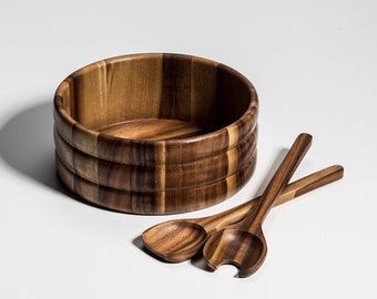 Natural Acacia Wood Salad Bowl Set with Servers – Extra Large 10 x 4" Wide Wooden Bowl for Entertaining