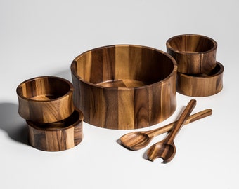 Acacia Wood 7-Piece Salad Bowl Set – Large Serving Bowl, Servers & 4 Individual Bowls
