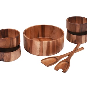 Wood Salad Bowl with Servers and Individual Bowls - 7 Piece Set - 327B-7