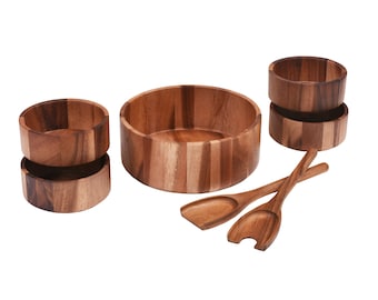 Acacia Wood 7-Piece Salad Bowl Set – Large Serving Bowl, Servers & 4 Individual Bowls