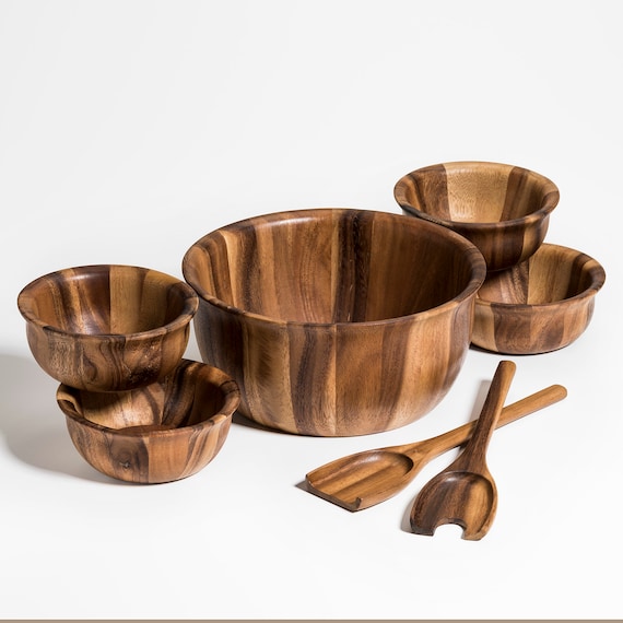 Gibson Elite Wildgreens Large Glass Salad Bowl Set With Acacia Wood Base And Acacia Serving Utensils - View #5