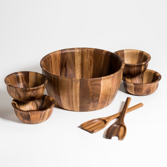 Extra Large Wood Salad Bowl With Servers and Individual Bowls Etsy