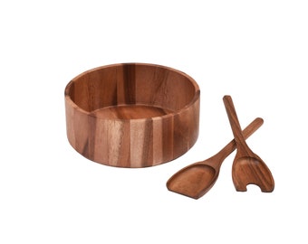 Natural Acacia Wood Salad Bowl Set with Servers – Extra Large 10 x 4" Wide Wooden Bowl for Entertaining