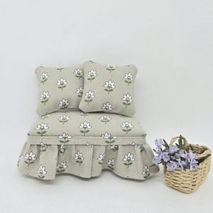 Mouse house ruffled upholstered bench with coordinating miniature pillows. 3 piece set for maileg mouse or dollhouse furniture !