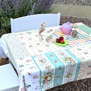 Tea party in the garden tablecloth. French country shabby chic cottage decor.