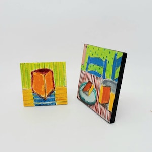 Mouse House Art - set of 2. Fun, bright, and whimsical miniature art for dollhouse kitchen, mouse house, or any art and cheese devotees !
