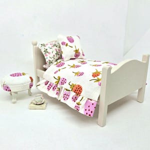 Pink and strawberry Mouse House bedding set and coordinating footstool - 5 peice set. Dollhouse bedding, maileg mouse or dollhouse.