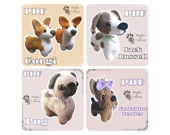 Four Bestselling Crochet Dog Amigurumi Patterns - PDF tutorial with steps, photos and pictures - Corgi, Pug, Jack Russell, Yorkshire Terrier