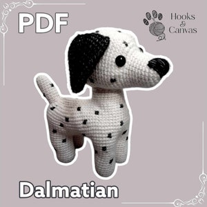 Puede incluir: Patrón de crochet PDF para un amigurumi de perro dálmata. El patrón es de Hooks & Canvas.