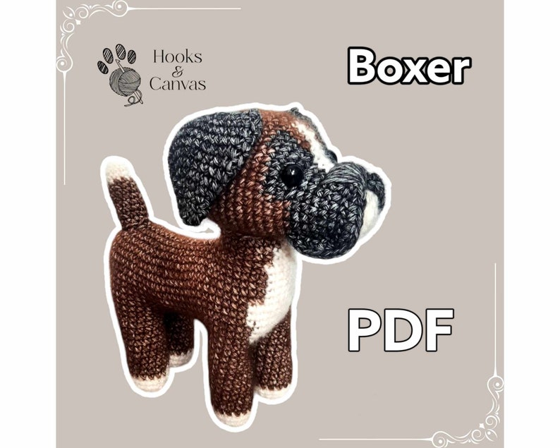 Op de afbeelding: Haakpatroon voor een bruine en witte Boxer-hond. Het patroon is beschikbaar als PDF-download. Het patroon is van Hooks & Canvas.