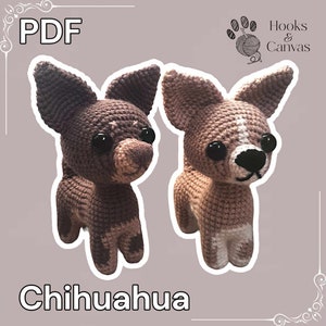 May include: PDF pattern for crocheting a Chihuahua dog amigurumi. The pattern includes two different color variations, one brown and one brown with white markings. The pattern is available for download.