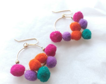 PomPom Earrings, Ethnic Chic earrings, Fun gifts for her, Pink and Orange earrings