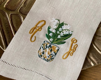Lilies of the Valley Embroidered Tea Towel, Monogrammed Guest Tea Towel, Hemstitched, Hostess gifts, warm house gifts, Bathroom Decor