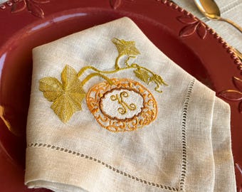 Monogrammed Pumpkin Embroidered Linen Napkin | Thanksgiving Fall Decor