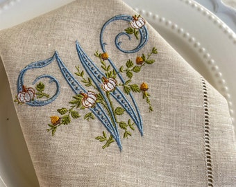 Thanksgiving | Autumn | Fall Monogrammed Embroidered Napkins, Thanksgiving linen napkins, fall napkins, Pure Linen Hemstitched Napkins