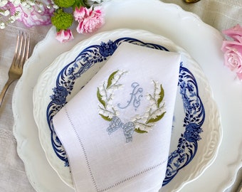 Embroidered Linen Napkins, Lilies of the Valley, Spring Monogrammed Napkins