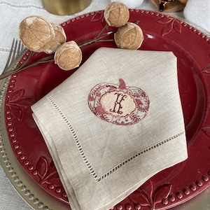 Thanksgiving | Autumn | Fall Monogrammed Embroidered Napkins, Thanksgiving linen napkins, fall napkins, Pure Linen Hemstitched Napkins
