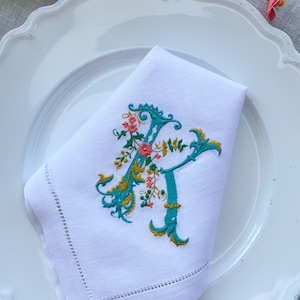 French Style Embroidered Monogrammed Linen Napkins, Hemstitched Napkins, Hostess gifts, warm house gifts, Wedding Gifts