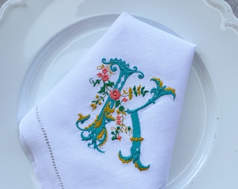 French Style Embroidered Monogrammed Linen Napkins, Hemstitched Napkins, Hostess gifts, warm house gifts, Wedding Gifts