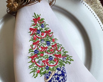 Christmas Linen Embroidered Napkins. Monogrammed Napkins, Hostess gifts