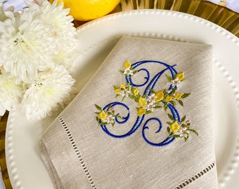 Spring & Lemons  Embroidered Linen Napkins, Vintage Monogram Font Napkins, Hostess gifts, Warm House Gifts, Bathroom Decor
