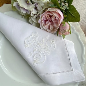 Monogrammed Embroidered Linen napkins, hemstitched white linen napkins, Wedding napkins