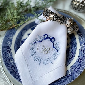 Christmas Natural Linen Embroidered Napkins, Monogrammed Napkins, Hostess gifts