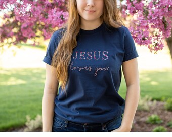 Woman’s t-shirt embroidered with Christian message / Jesus Loves You