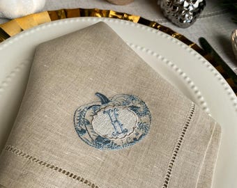 Monogrammed Linen Thanksgiving Napkins | Embroidered Pumpkin, Fall Decor