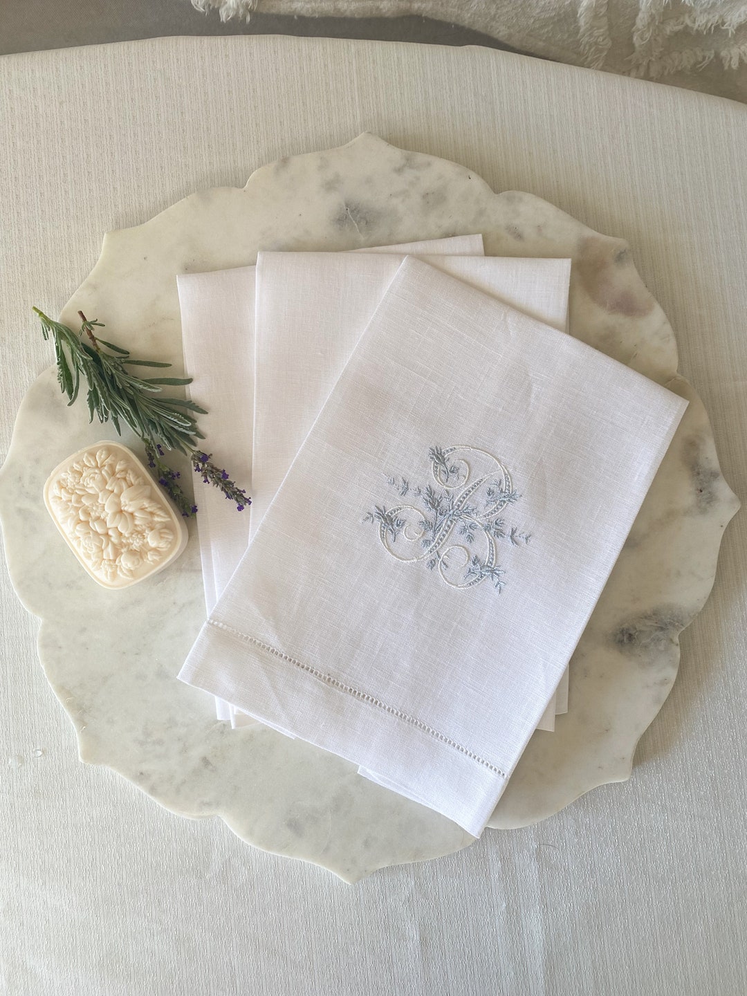 Embroidered Linen Guest Towels, French Style Monogrammed Guest Tea