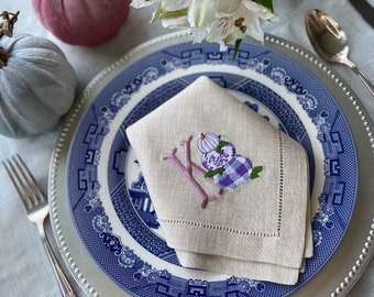 Thanksgiving | Autumn | Fall Monogrammed Embroidered Napkins, Thanksgiving linen napkins, fall napkins, Pure Linen Hemstitched Napkins