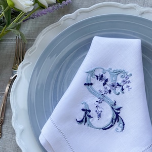 French Style Embroidered Monogrammed Linen Napkins, Hemstitched Napkins, Hostess gifts, warm house gifts, Wedding Gifts