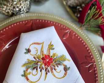 Natuurlijk linnen geborduurde kerstservetten, servetten met monogram, gastvrouwcadeaus