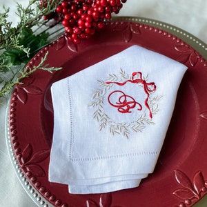 Christmas Natural Linen Embroidered Napkins, Monogrammed Napkins, Hostess gifts