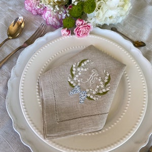 Lilies of the Valley Easter Embroidered Linen Napkins, Spring Monogrammed Napkins, Hostess Gifts, Warm House Gifts, Bathroom Decor