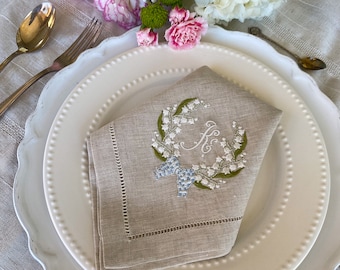 Embroidered Linen Napkins, Lilies of the Valley, Spring Monogram