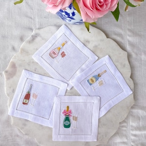 Mini champagne bottle cocktail napkins, Embroidered Champagne Napkins, Wedding or Bridal Shower Napkins, Hostess gifts, warm house gifts