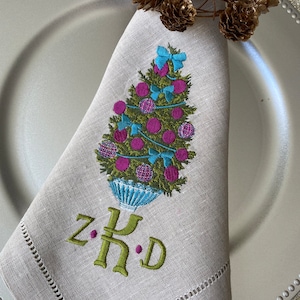 Christmas Linen Embroidered Napkins. Monogrammed Napkins, Hostess gifts