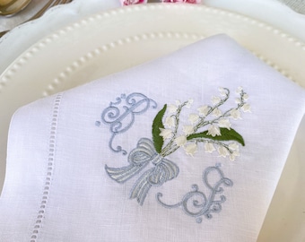 Embroidered Linen Napkins, Lilies of the Valley, Spring Monogram