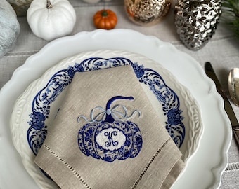 Monogrammed Linen Thanksgiving Napkins | Embroidered Pumpkin, Autumn Decor