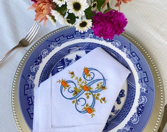 Thanksgiving | Autumn | Fall Monogrammed Embroidered Napkins, Thanksgiving linen napkins, fall napkins, Pure Linen Hemstitched Napkins