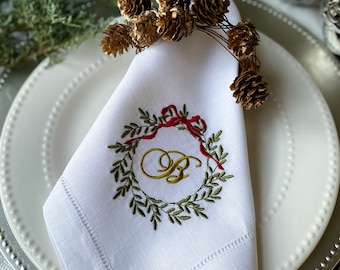 Serviettes brodées en lin naturel de Noël, serviettes monogrammées, cadeaux d’hôtesse