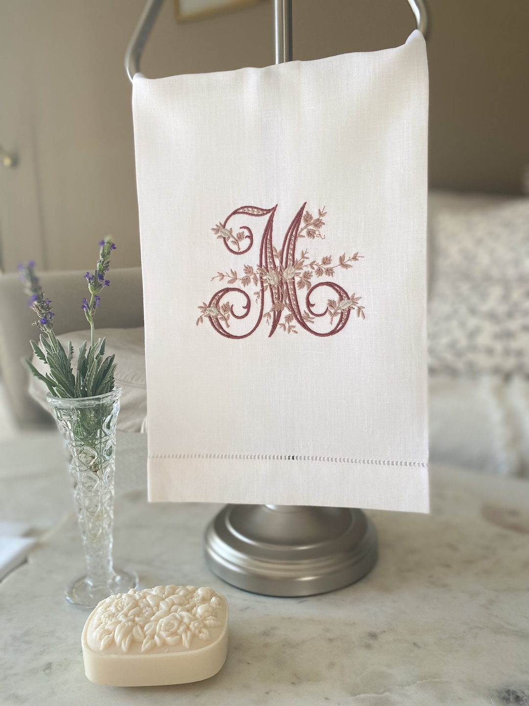 Embroidered Linen Guest Towels, French Style Monogrammed Guest Tea