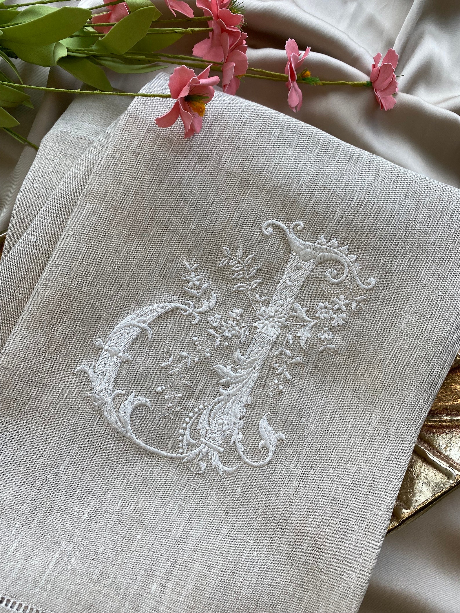 French Style Embroidered Monogrammed Linen Guest Towels by JkafieStudio