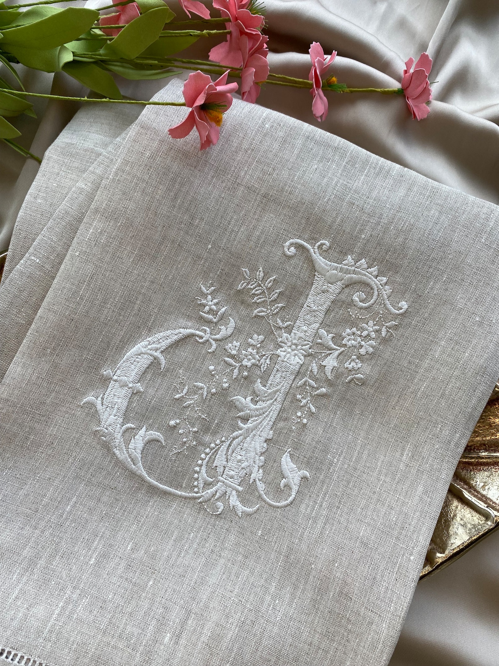 French Style Embroidered Monogrammed Linen Guest Towels by JkafieStudio